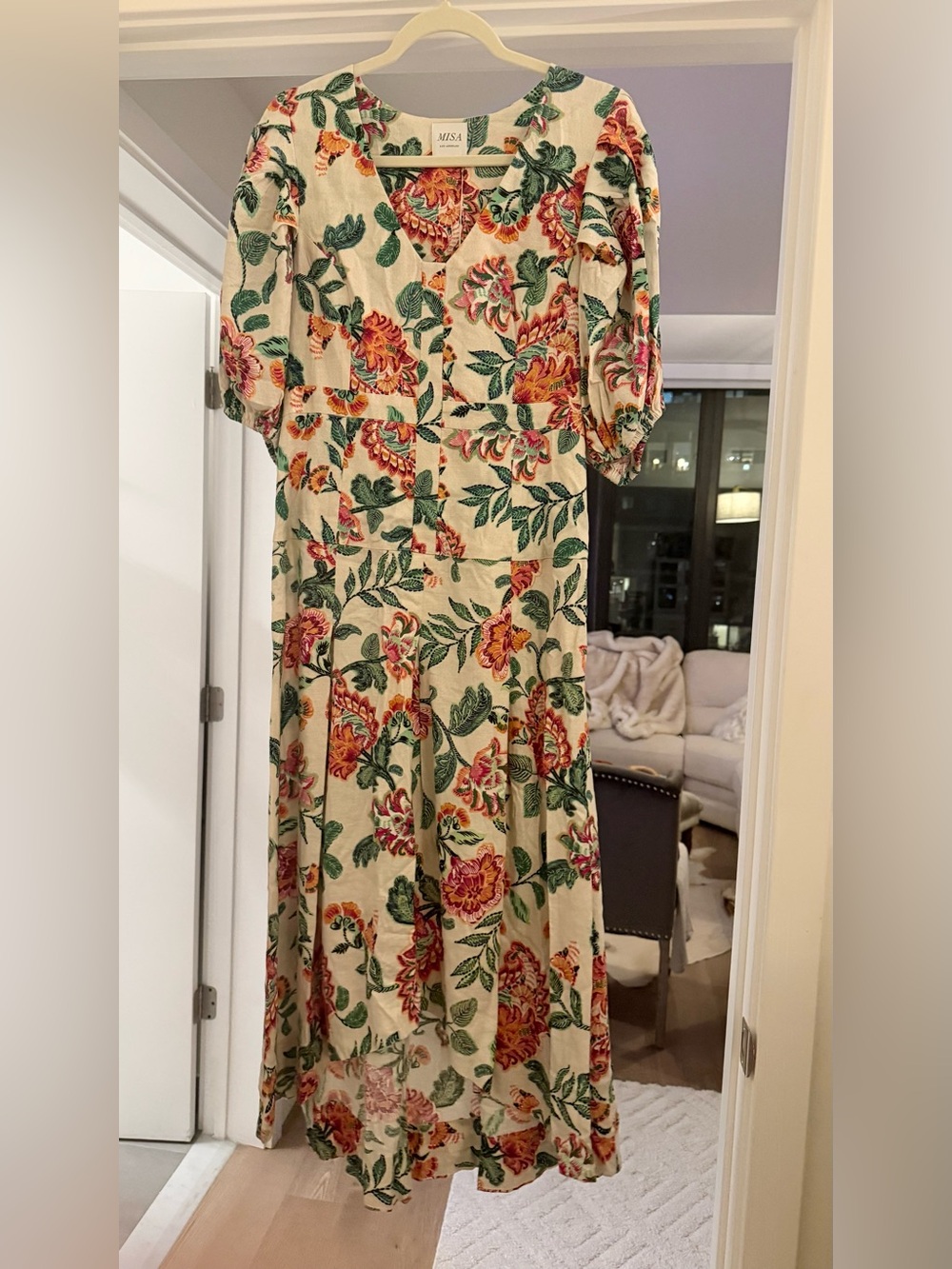 Floral Puff-Sleeve Midi Dress in Cream and Green